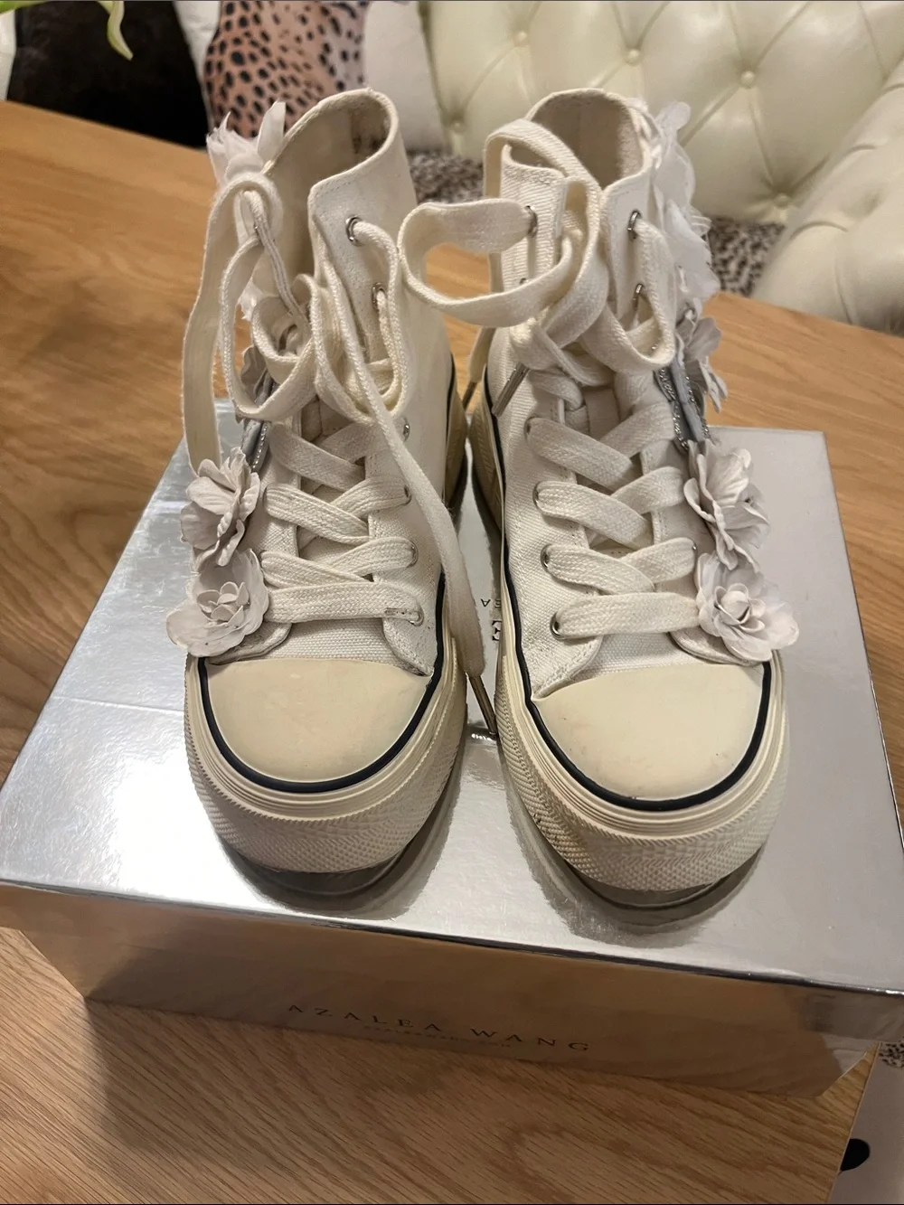 Azalea Wang Cream Floral High-Top Platform Sneakers